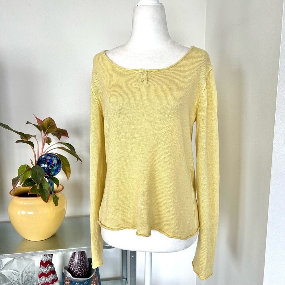 Eileen Fisher Yellow Linen Knit Henley Sweater